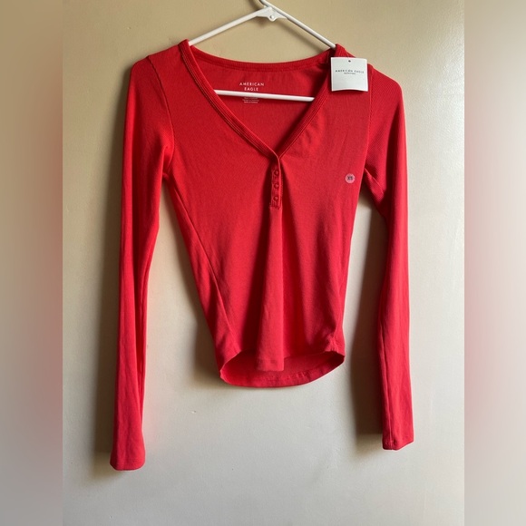 NWT Y2K American Eagle henley long sleeve ribbed knit top size XS burnt orange - Picture 1 of 7